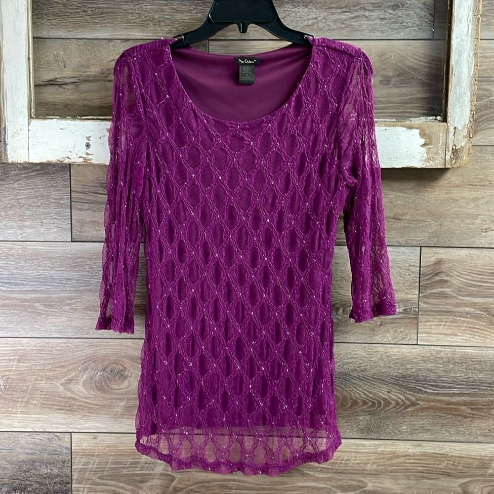 Nue Options Lace 3/4 Sleeve Blouse Top, Ladies Size Medium, Purple Plum